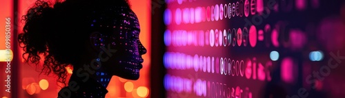 Profile of a person facing digital data.