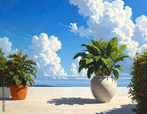 Wallpaper Mural Serene terrace vista showcasing potted foliage against a cloudy sky backdrop Torontodigital.ca