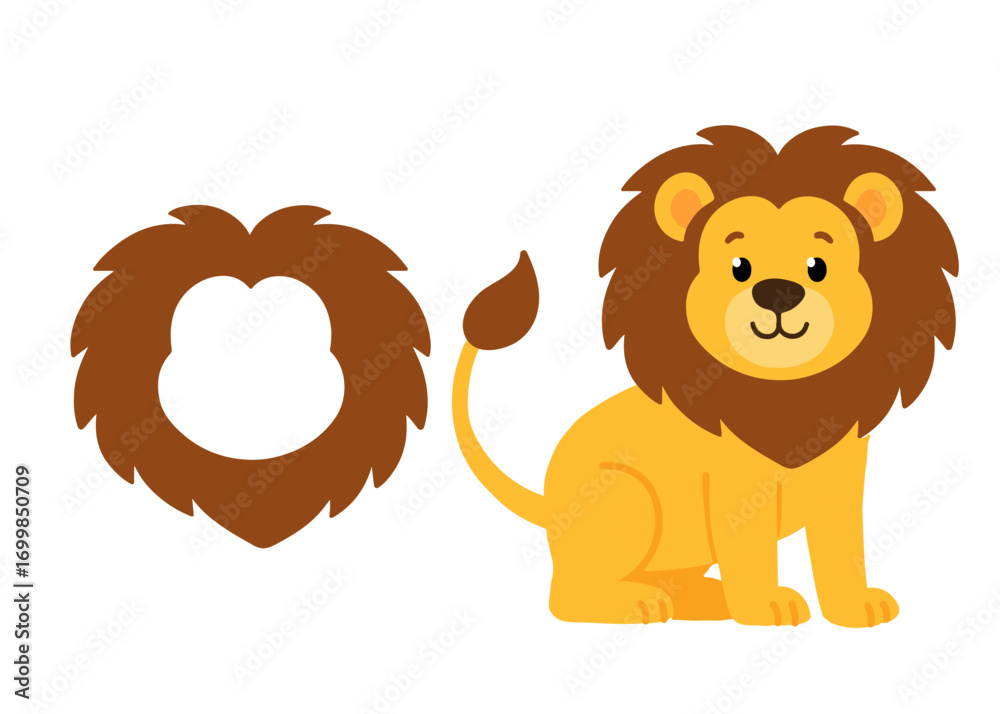 Obraz premium Lion with big mane, cute cartoon style animal illustration, perfect for kids projects, storybooks, zoo themes, education, branding, and creative designs.