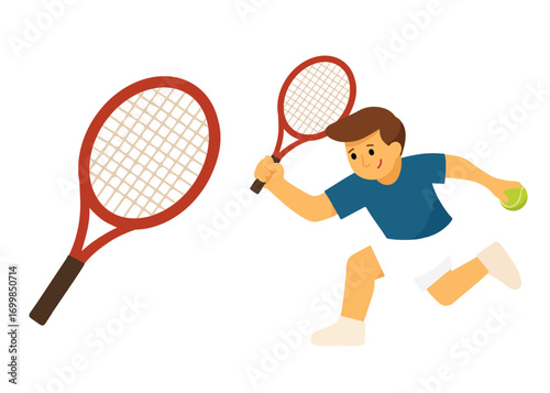 Tennis player boy with racket and ball in cartoon flat style illustration. Perfect for sport design, children’s books, education, activity posters, summer games, and fitness projects.