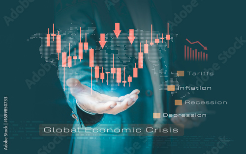 Global Economic Crisis Concepts. Recession, Inflation, Depression, Graph Falls Down, Business Collapse, stock market crash, tech war, and Import Tariffs, financial background