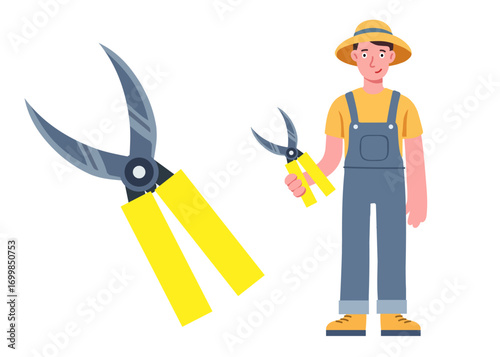 Garden shears and farmer in overalls with straw hat. Gardening tool illustration for agriculture, landscaping, farm work, DIY projects, icons, education, and seasonal design.