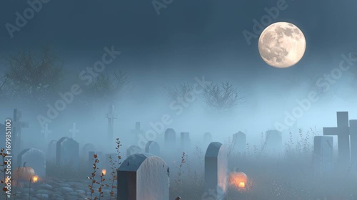Cozy halloween concept ,Pumpkin graveyard full moon with fog and candle light night, autumn pumpkins along cobblestone path eerie