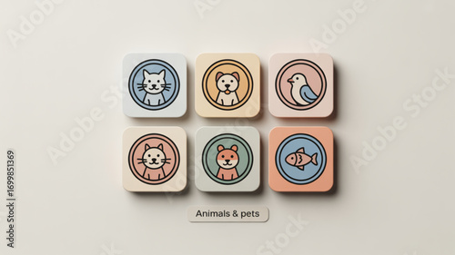 Cute pet animal icons vector graphic design for pet shop and animal care services with cat dog bird fish 100