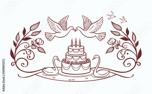 Elegant hand-drawn romantic frame showing doves carrying ribbons, a wedding cake with candles, and swans symbolizing eternal love in one charming illustration.