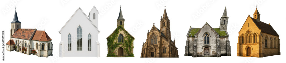 Fototapeta premium Churches set including six diverse architectural styles isolated. Religious buildings and construction elements collection.