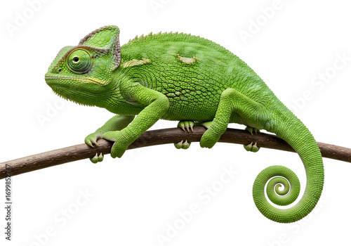 Captivating portrait of a bright green chameleon with a curled tail perched on a twig against a stark white backdrop, showcasing its unique scales.