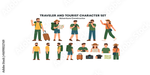 Print  Traveler and Tourist Character Set – Adventure Constructor for Animation, Backpackers with Suitcase, Camera, Map, Editable Poses and Views Vector 