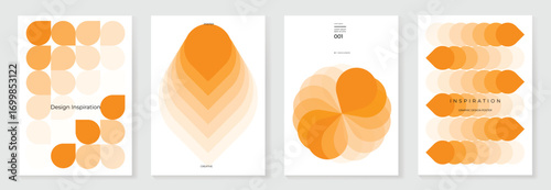 Modern gradient poster on white background vector set. Minimalist cover template with orange perspective geometric prism shapes in motion. Ideal design for social media, cover, banner, flyer.