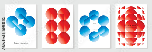 Modern gradient poster on white background vector set. Minimalist cover template with blue and red perspective geometric shapes in motion. Ideal design for social media, cover, banner, flyer.