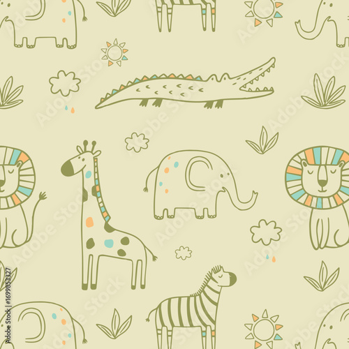 Vector seamless pattern with cartoon safari jungle animals zebra, lion, elephant, crocodile, giraffe, leopard, rhinoceros, hippopotamus. Hand draw cute animals in sketch style. Doodle style line art.
