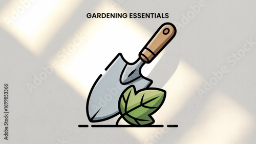 Gardening tool trowel and leaf vector illustration for agriculture and horticulture equipment design element