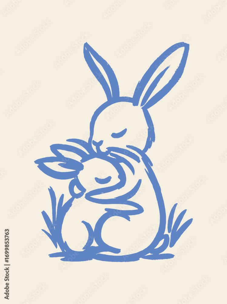 Obraz premium Mother rabbit hugging baby bunny minimalist sketch vector illustration