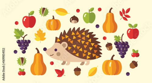 Charming autumn harvest illustration featuring a delightful hedgehog surrounded by various fruits, vegetables, and fallen leaves, perfect for seasonal designs