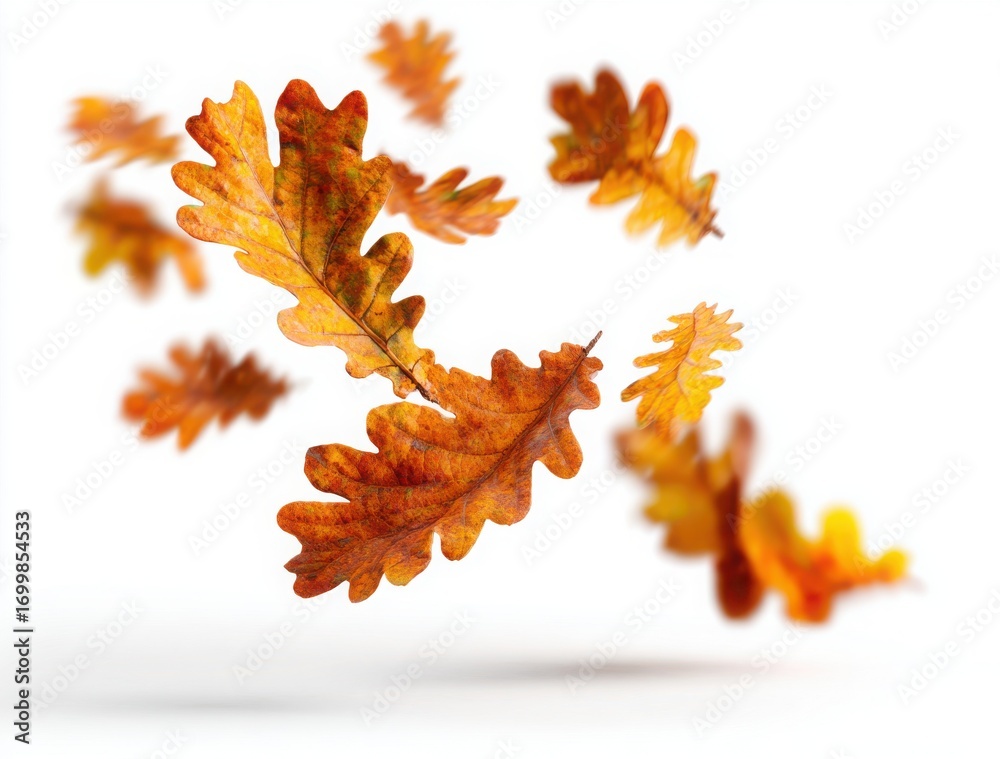 Obraz premium falling autumn oak leaves isolated on white background