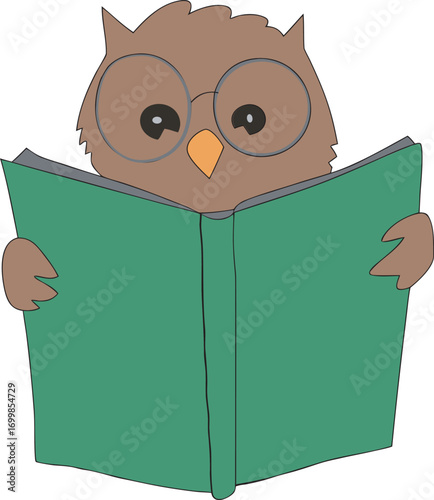 Cute Cartoon Owl with Glasses Reading a Book Vector Illustration