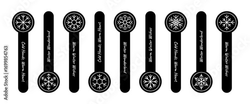 Flat black and white round sticker label set with snow flake decoration for winter package lid seal. Outline element, cold season christmas, simple line ornament, modern decoration.