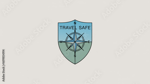 Travel safe compass rose shield logo for adventure travel and safe journey planning and navigation concept