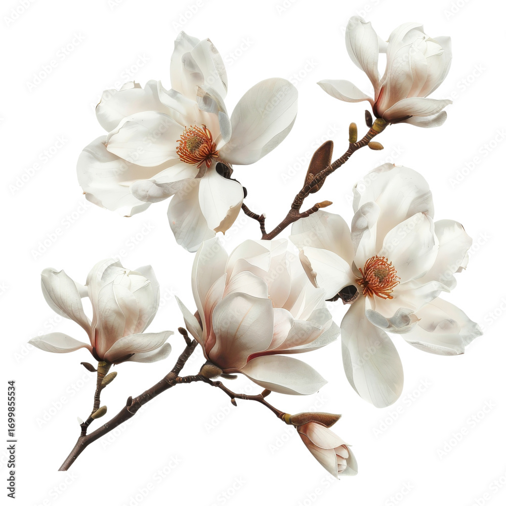Obraz premium Magnificent white magnolia blossoms in full bloom on branches against a clear background