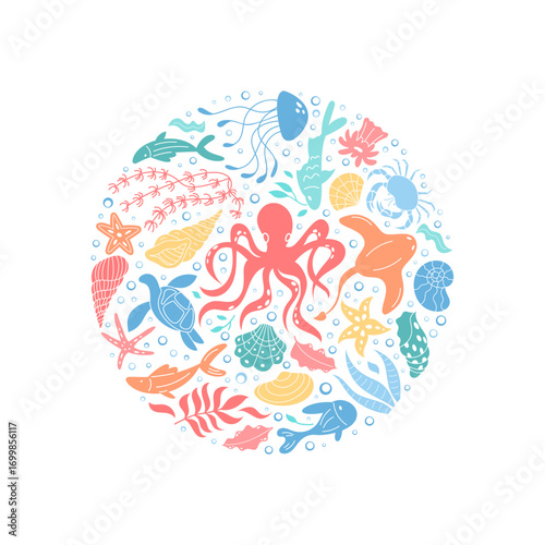 Underwater ocean concept in cartoon graphic style. Marine life, including fish, starfish, jellyfish, and turtles, arranged in a round circle composition. Vibrant reef design perfect for aquatic