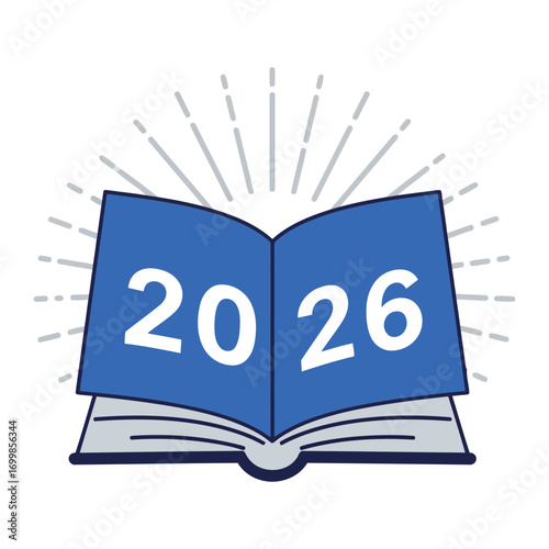 Vector art of an open blue book with the year 2026 displayed on its pages