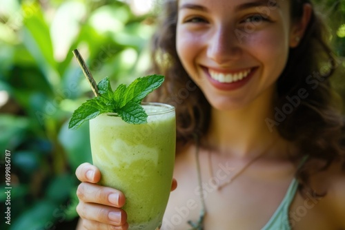 Happy woman holding a refreshing green smoothie garnished with mint.