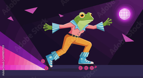 Retro Groove Funky Flat Animal Frog Roller Skating in Style