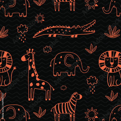 Vector seamless pattern with cartoon safari jungle animals zebra, lion, elephant, crocodile, giraffe, leopard, rhinoceros, hippopotamus. Hand draw cute animals in sketch style. Doodle style line art.