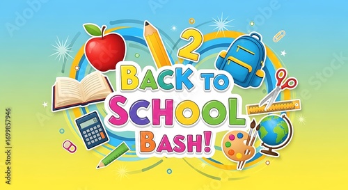 Vibrant Back to School Bash Illustration with Educational Icons and Cheerful Typography for Welcoming Students