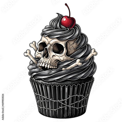 A spooky cupcake with a skull and crossbones isolated on transparent background, topped with cherry