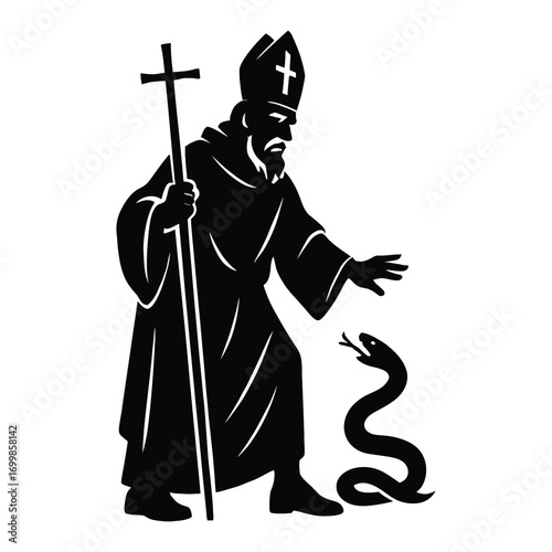 Saint Patrick Silhouette with Cross Banishing Snake Vector Illustration