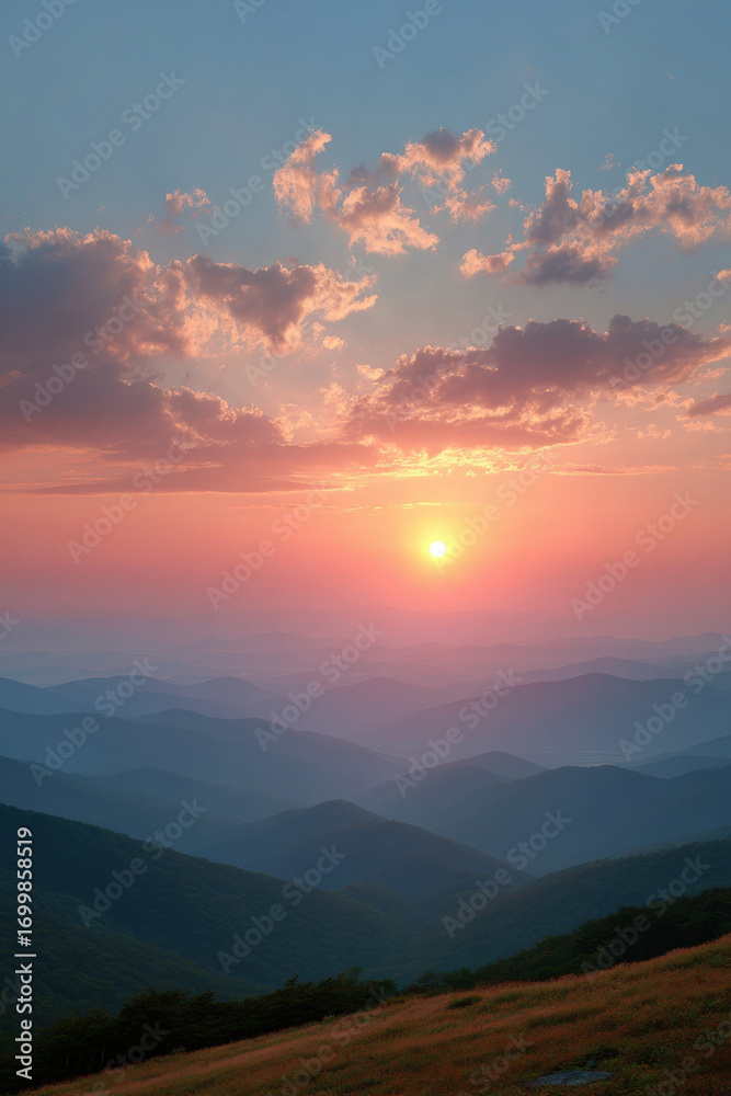 Fototapeta premium breathtaking sunrise over majestic mountain range casting golden hues across sky