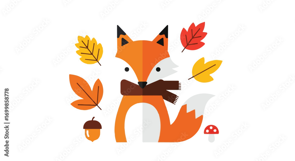 Fototapeta premium Autumn Fox Surrounded by Colorful Leaves, Acorn, and Mushroom A Seasonal Graphic Design