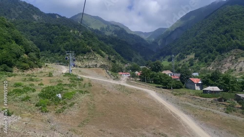 Tufandag ski resort in summer. Aerial view from the cable car in Gabala to the peaks of the mountains and beautiful landscapes of the Caucasus, Azerbaijan.