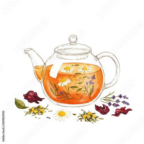 Elegant herbal tea infusion brewing in a glass teapot for a relaxing wellness ritual, assorted herbal teas