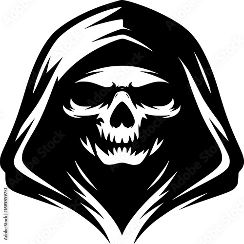 Sinister Silhouette: A chilling, black and white illustration of a hooded skull, evoking a sense of mystery and the unknown.