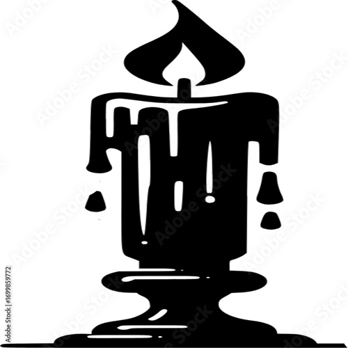 Burning Candle Silhouette: Captures a black candle, with melting wax and a glowing flame that represents light, warmth and remembrance, it is a simple yet profound symbol of illumination.