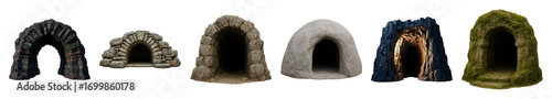 Cave entrance set including various rock, stone, jagged, mossy, and smooth designs isolated. Fantasy and game elements.