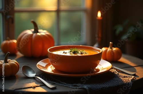 Pumpkin soup served right in the pumpkin is on the table for Halloween celebrations. Autumn warm orange still life