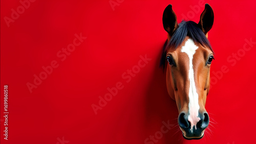 The horse's head peeks out of the red background. Banner for inscription, year of the horse 2026