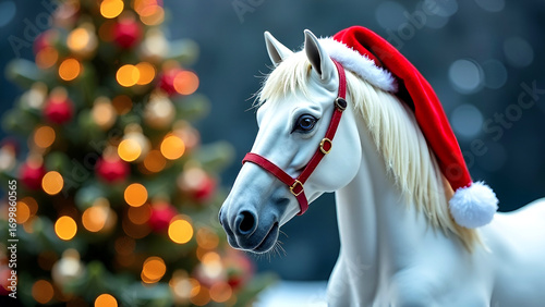 White Horse in Santa Claus Hat Standing Against Christmas Tree Background, New Year's Symbol 2026
