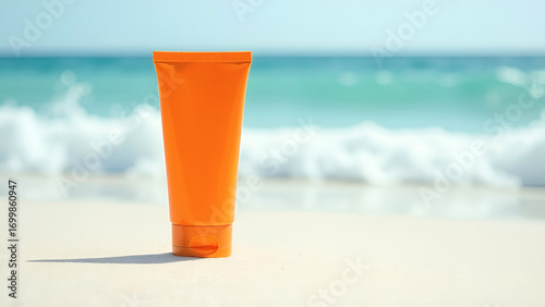 Orange A tube of sunscreen stands on a sandy beach near the edge of the sea, the waves of the surf splashing in the background