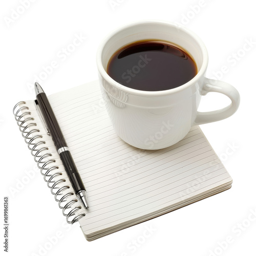 Morning coffee and notebook beside pen on blank pages for planning and creativity