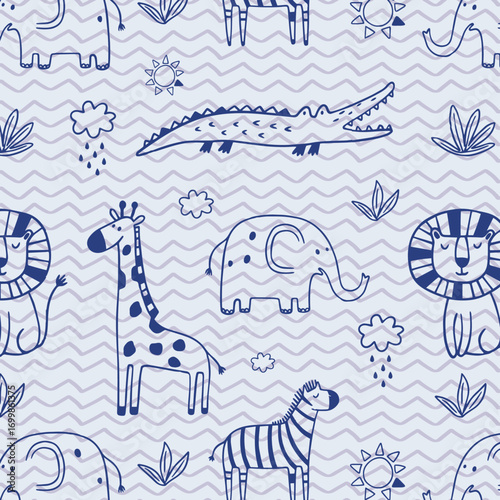 Vector seamless pattern with cartoon safari jungle animals zebra, lion, elephant, crocodile, giraffe, leopard, rhinoceros, hippopotamus. Hand draw cute animals in sketch style. Doodle style line art.