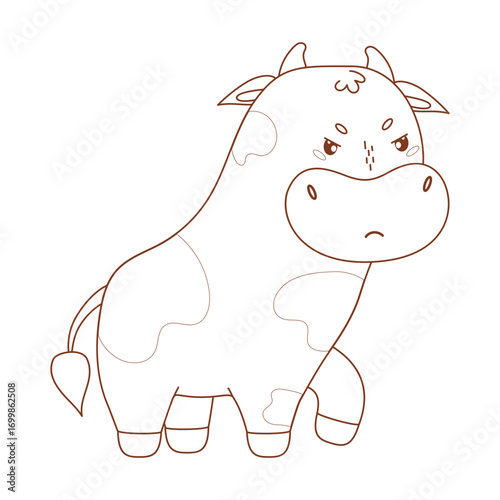 Outline Angry Cow. Disgruntled grumpy Kawaii Animal. Line drawing, coloring book. Vector illustration. Kids collection. Not AI