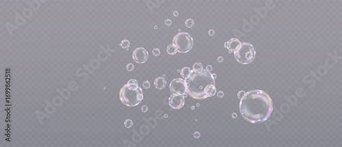 Floating iridescent soap bubbles, semitransparent spheres with rainbow reflection on transparent PNG background. Clean photo-style floating elements.