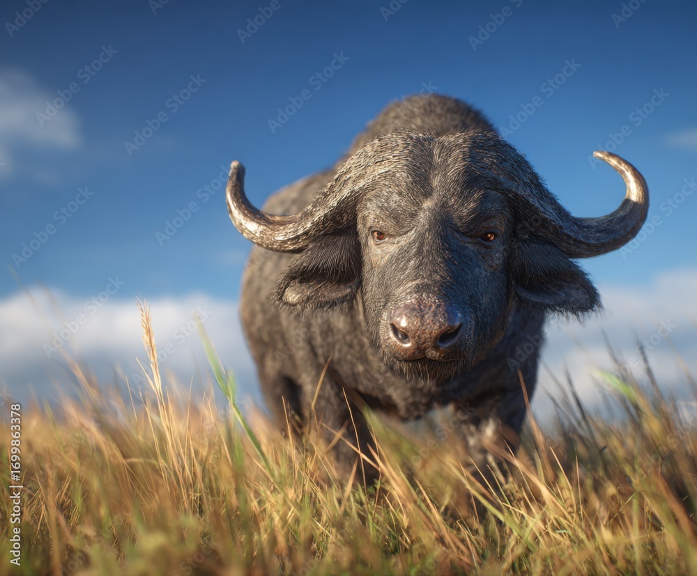 Naklejka premium Majestic Black Buffalo Standing Proudly in Lush Green Field Surrounded by Tall Grass Under a Bright Blue Sky Evoking a Sense of Freedom and Nature