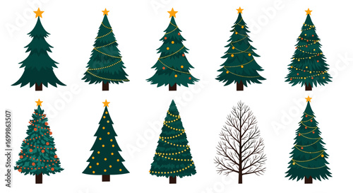 Collection of decorated and undecorated pine and fir trees for holiday celebrations and winter scenes