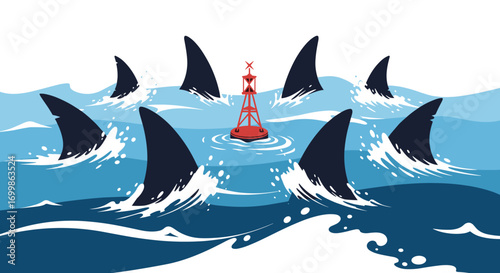 Dangerous ocean waters surrounded by many shark fins near a red buoy