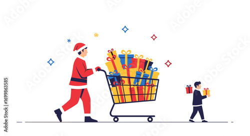 Santa claus and child with shopping cart full of presents ready for holiday season celebration